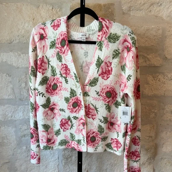 CeCe White and Pink Floral Button-Front Cardigan - Picture 1 of 7